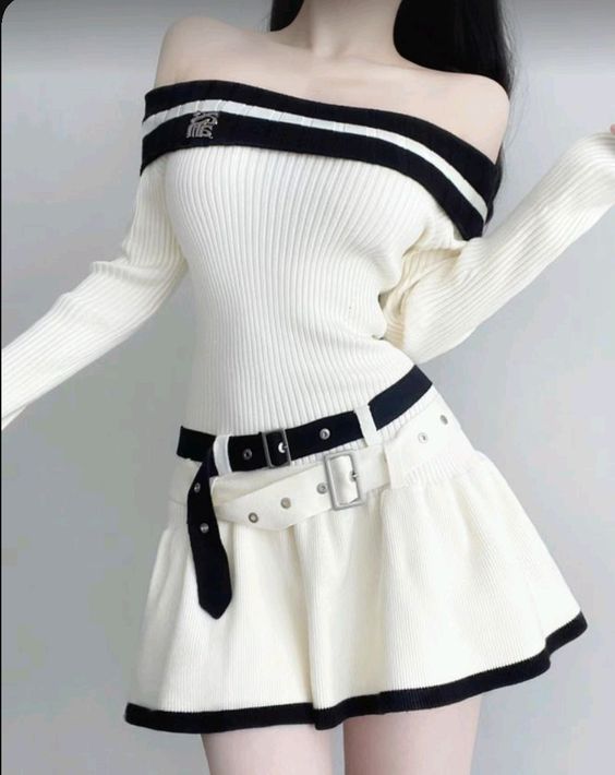 Off Shoulder Double Belt Knit Dress