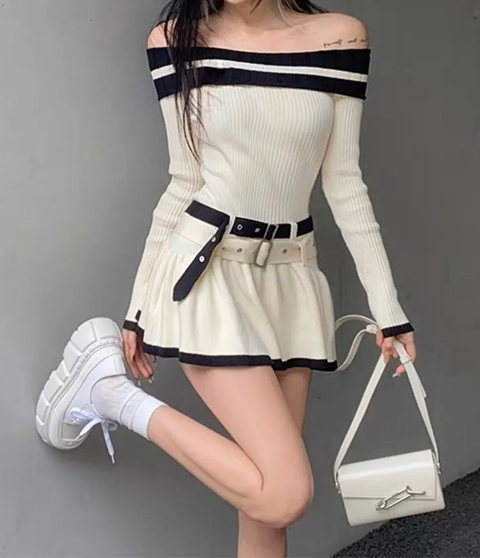 Off Shoulder Double Belt Knit Dress