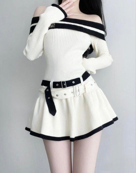 Off Shoulder Double Belt Knit Dress