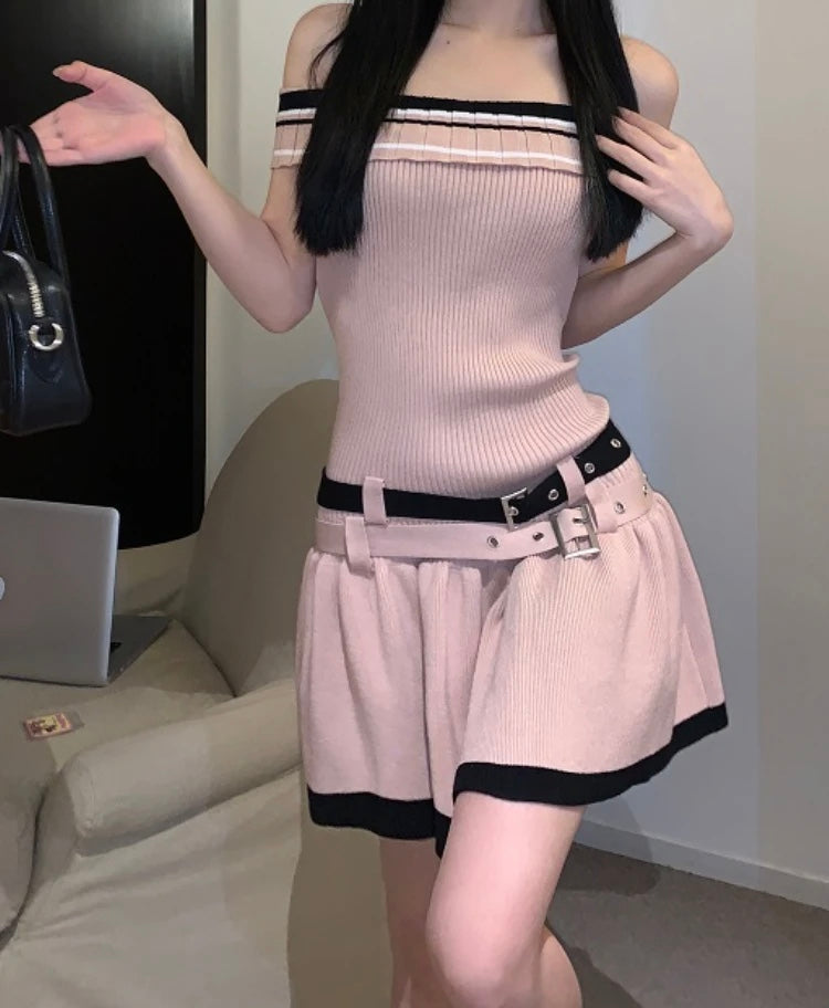 Off Shoulder Double Belt Knit Dress