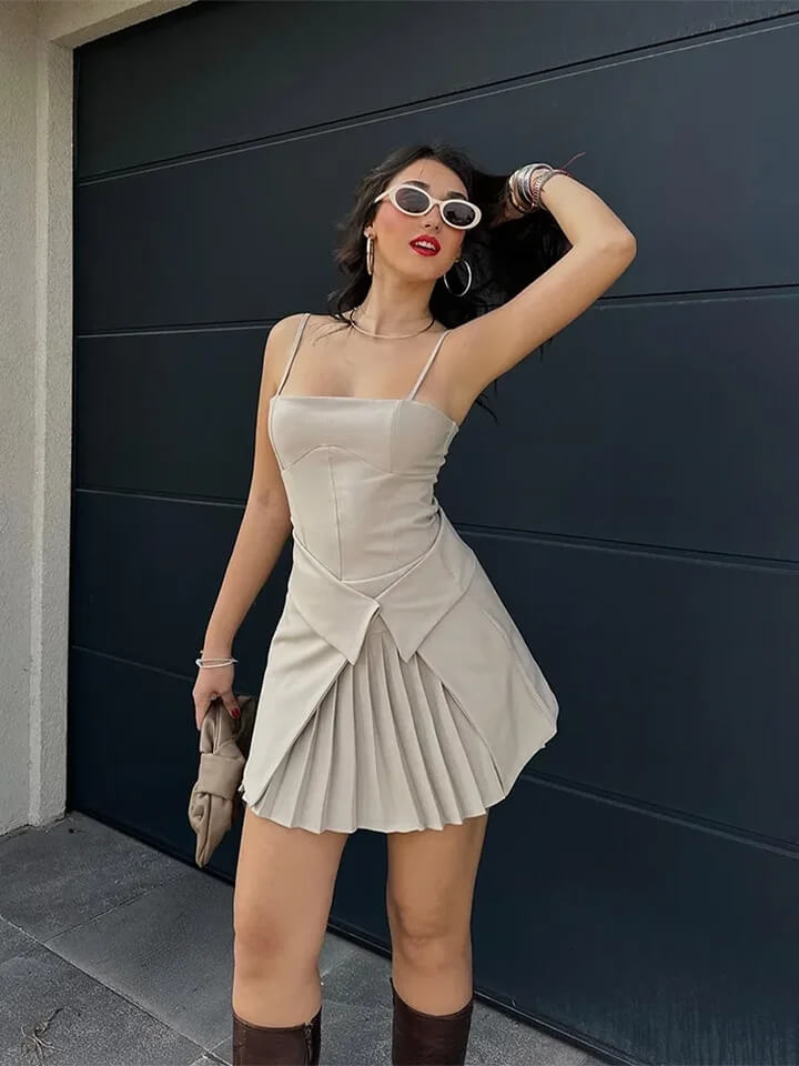 Paper Fold Solid Sling Mini Dress