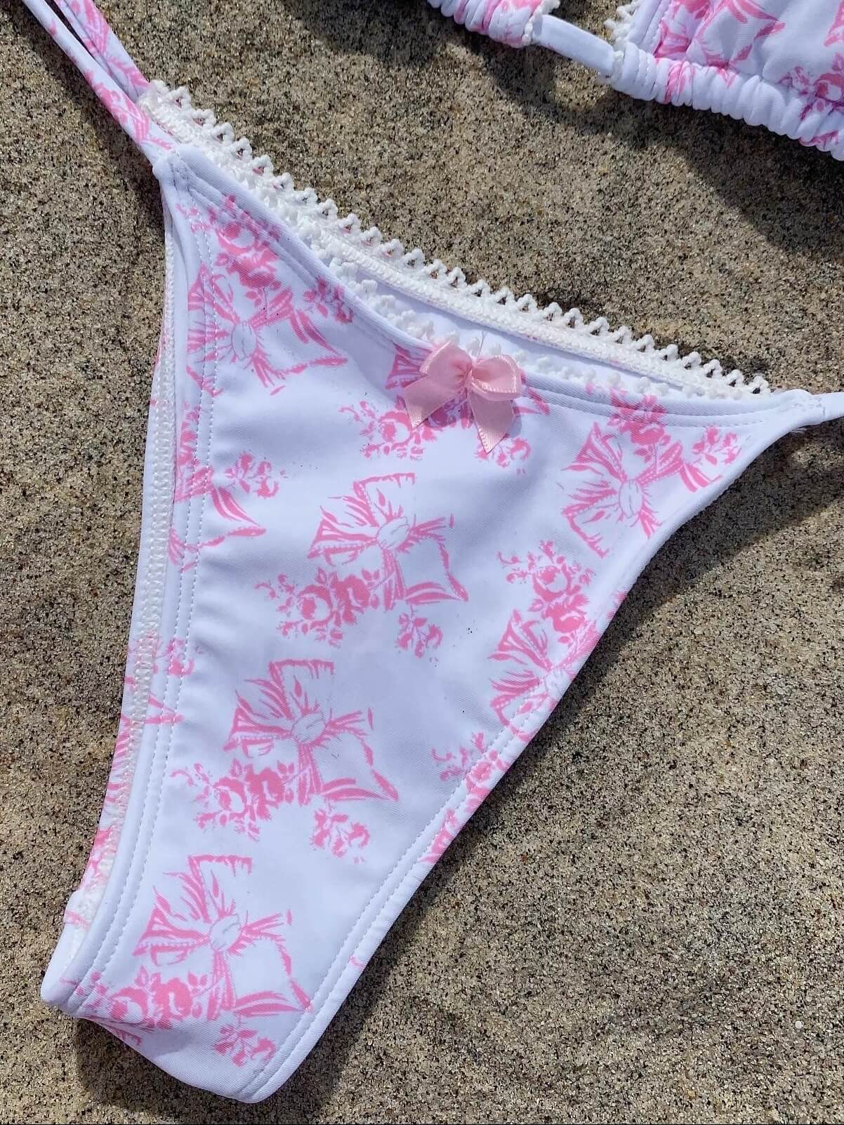 Pink Lace Trim Bikini Set