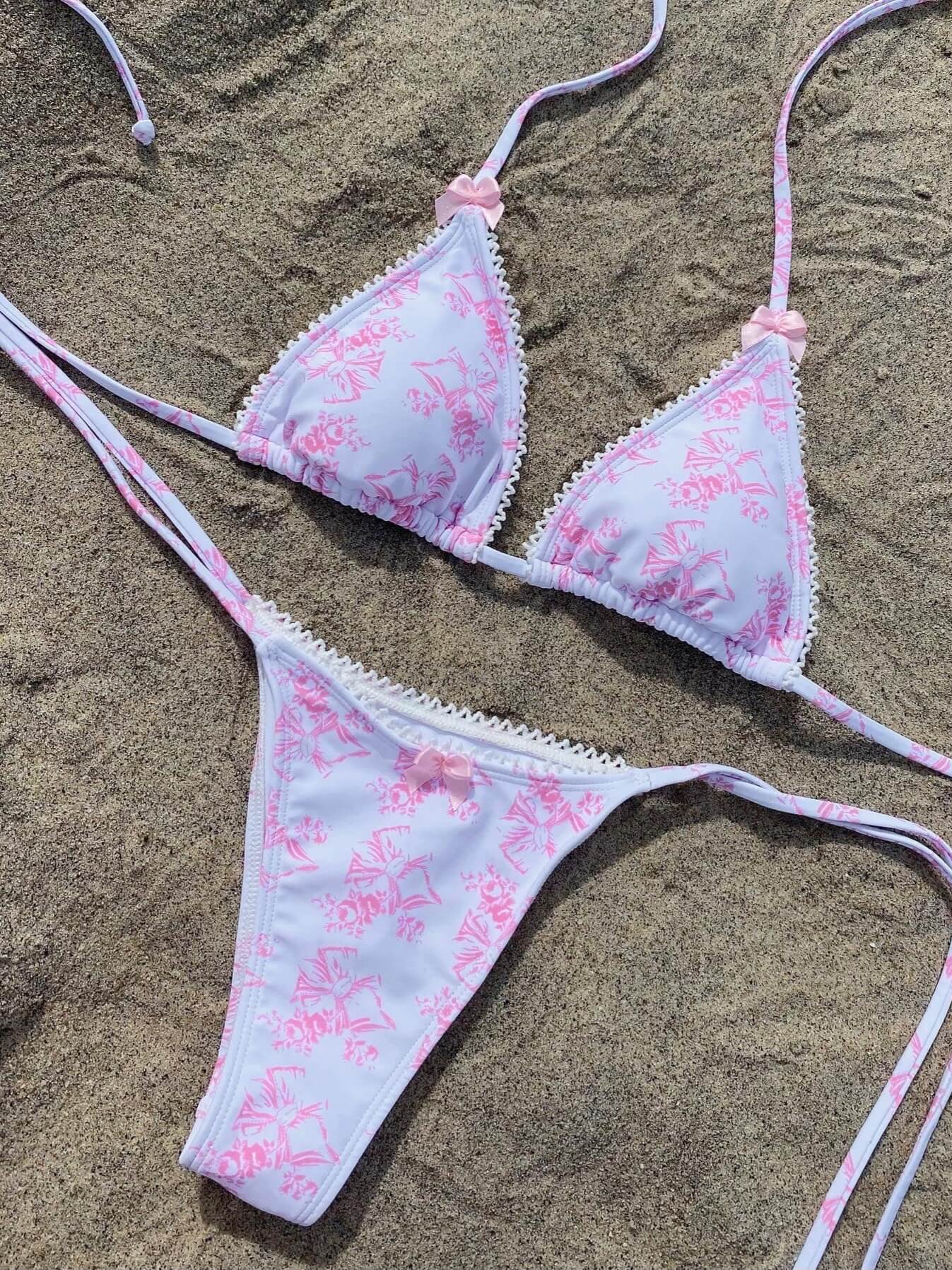 Pink Lace Trim Bikini Set