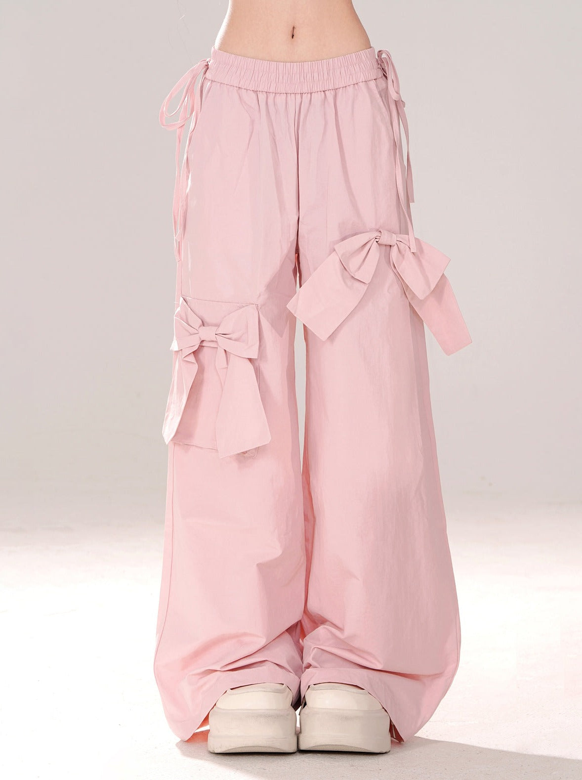 Pink Bow Elastic Waist Wide Leg Pants