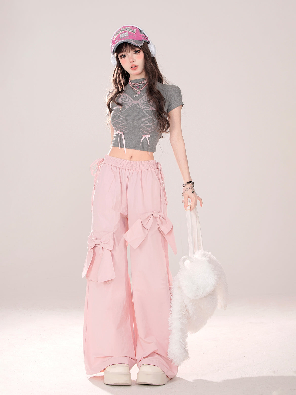 Pink Bow Elastic Waist Wide Leg Pants