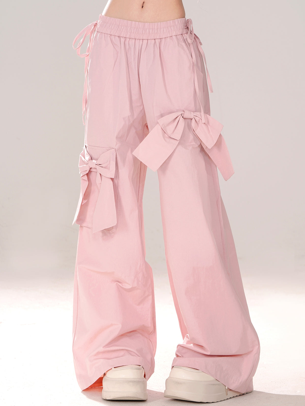 Pink Bow Elastic Waist Wide Leg Pants