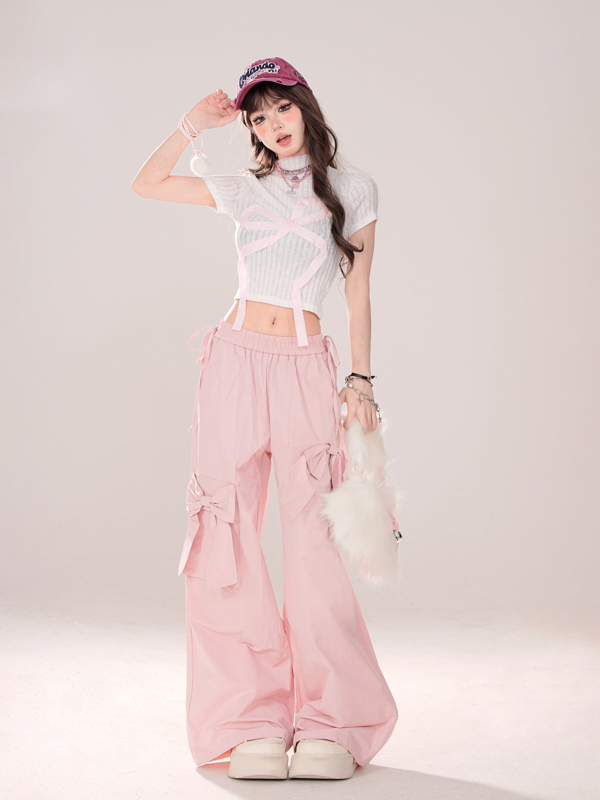 Pink Bow Elastic Waist Wide Leg Pants