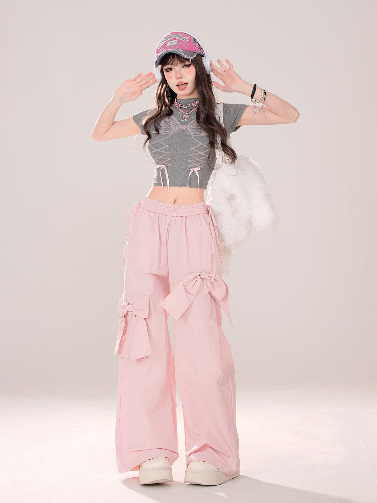 Pink Bow Elastic Waist Wide Leg Pants