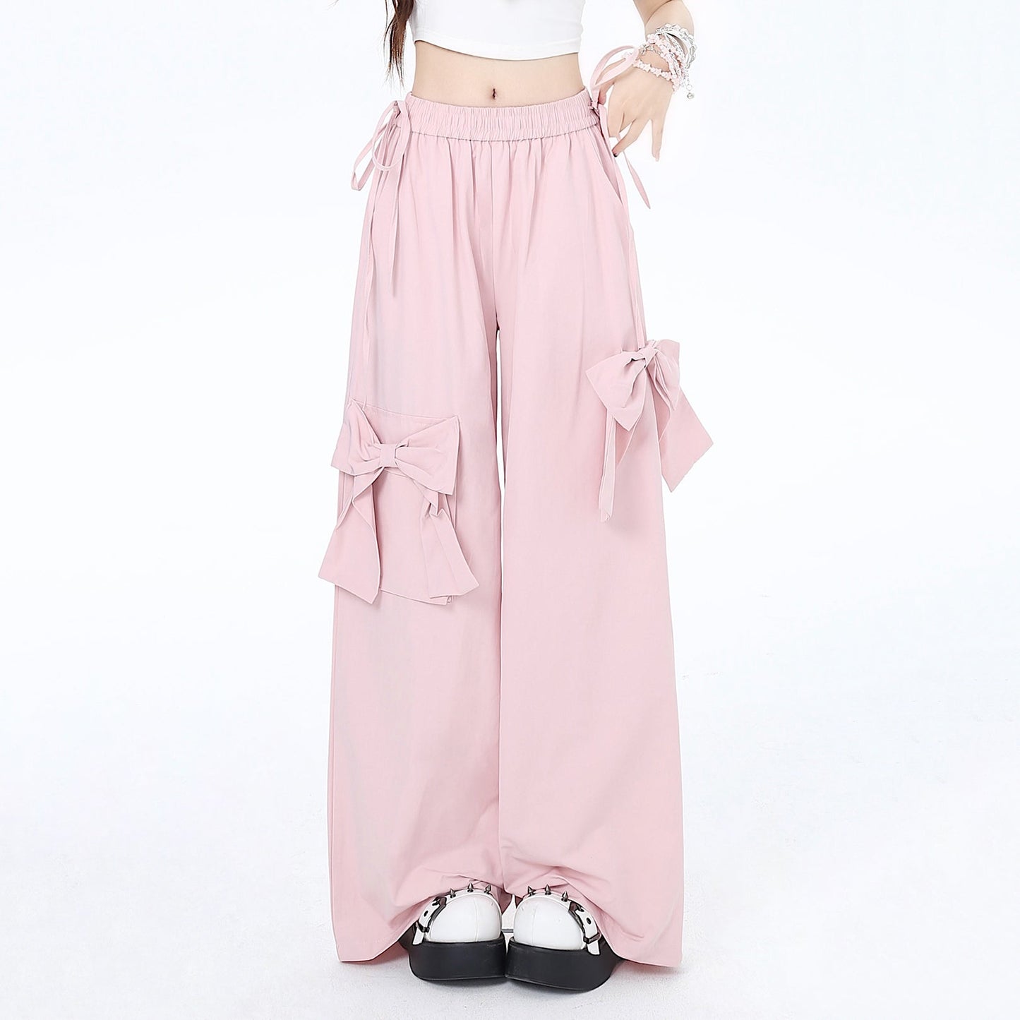 Pink Bow Elastic Waist Wide Leg Pants