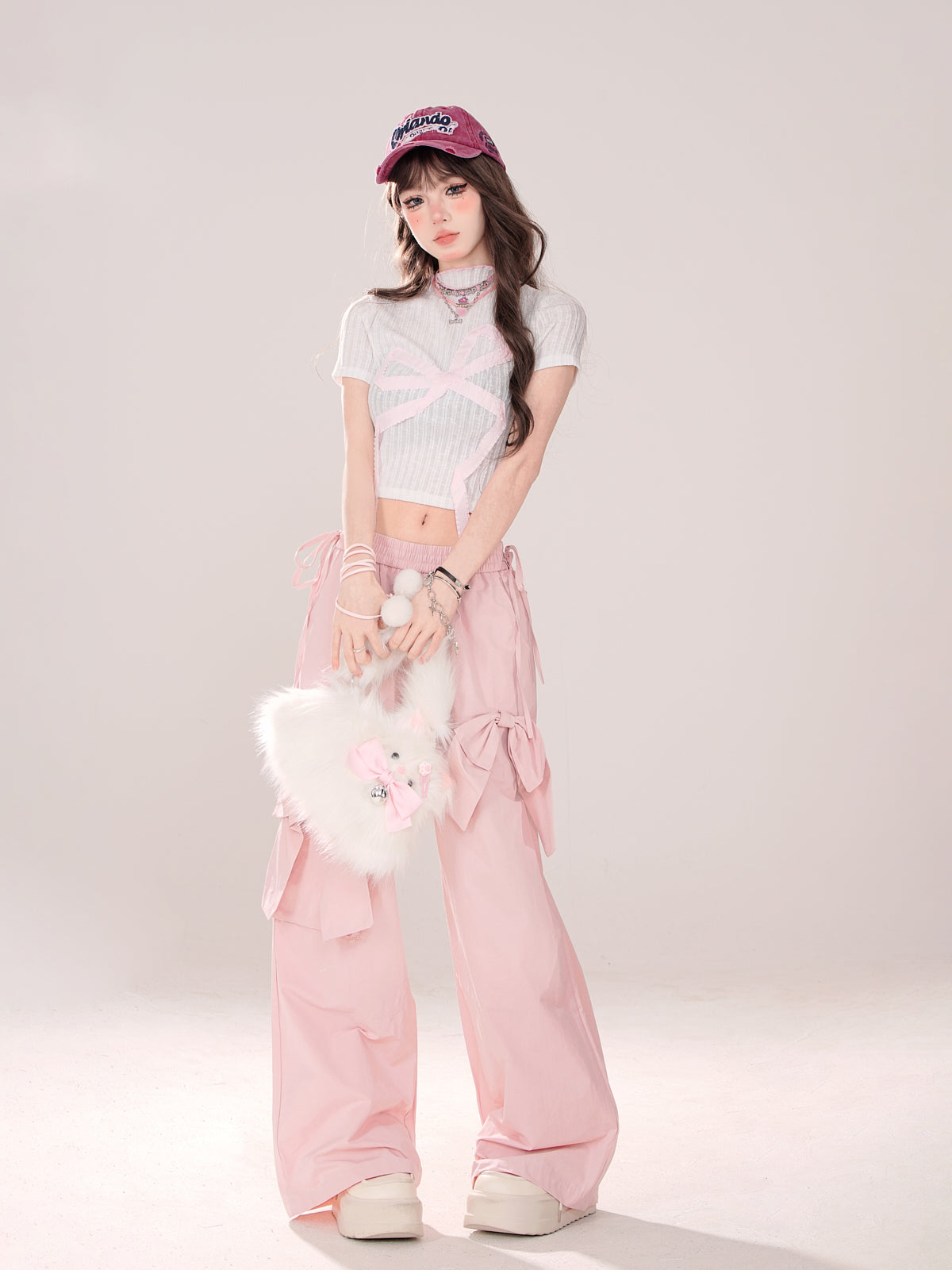 Pink Bow Elastic Waist Wide Leg Pants