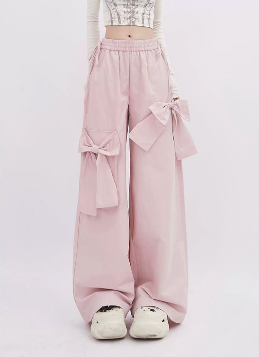 Pink Bow Elastic Waist Wide Leg Pants