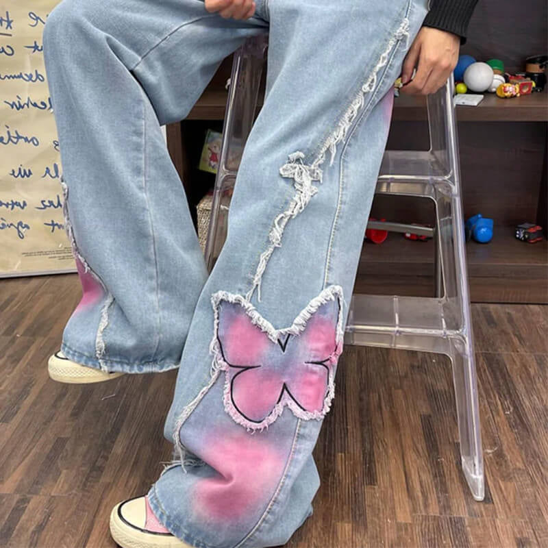 Pink Butterfly Patch Frayed Wide Leg Jeans