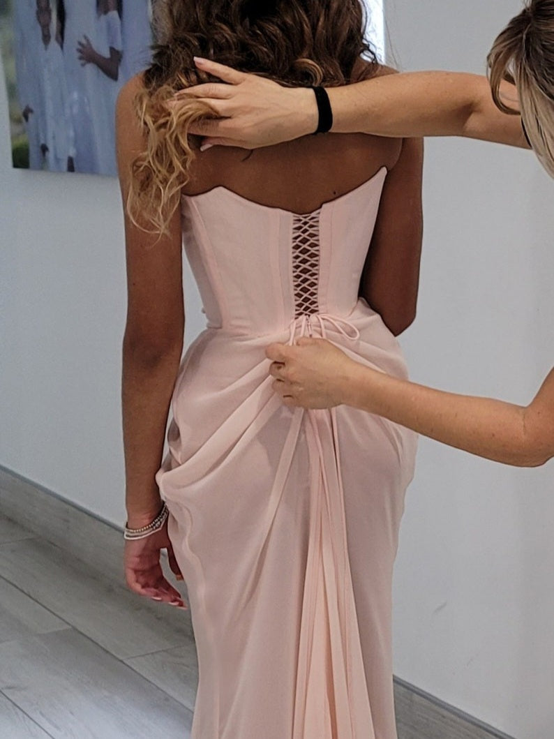 Pink Embellished Corset Draped Mesh Maxi Dress