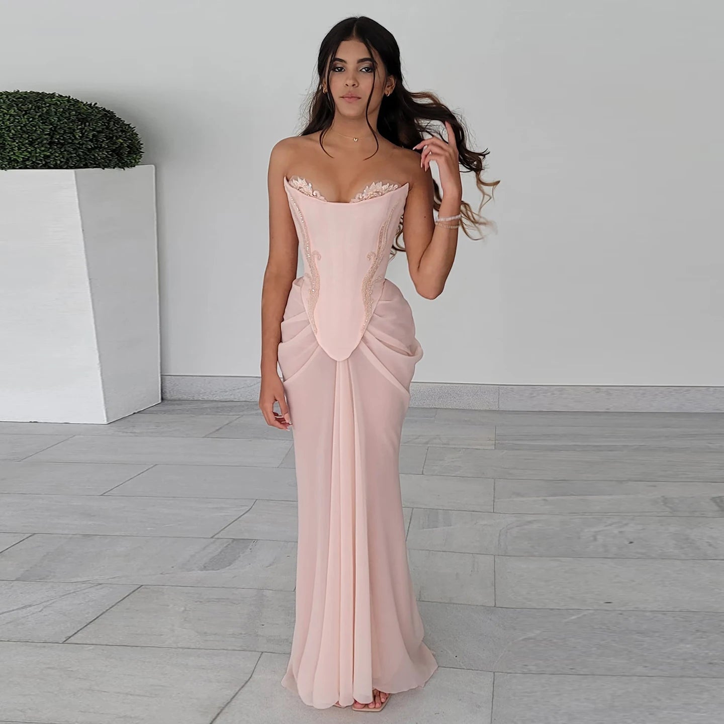 Pink Embellished Corset Draped Mesh Maxi Dress