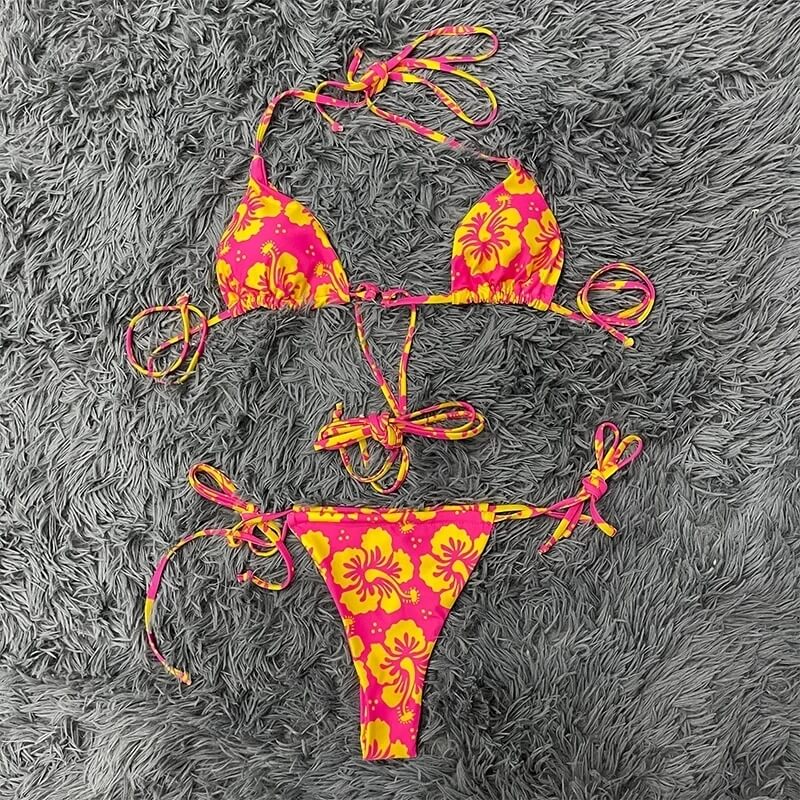 Pink Orange Floral Tie Bikini