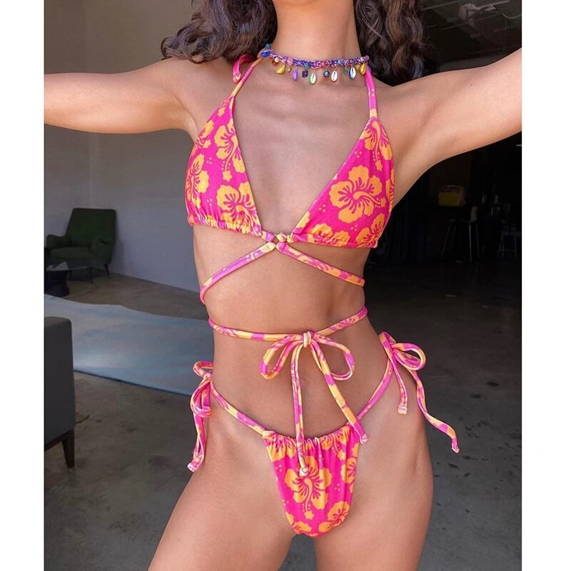 Pink Orange Floral Tie Bikini