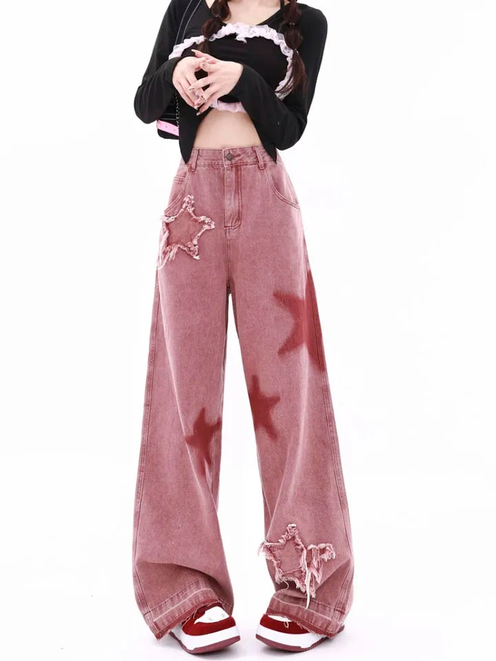 Pink Star Wide Leg Jeans