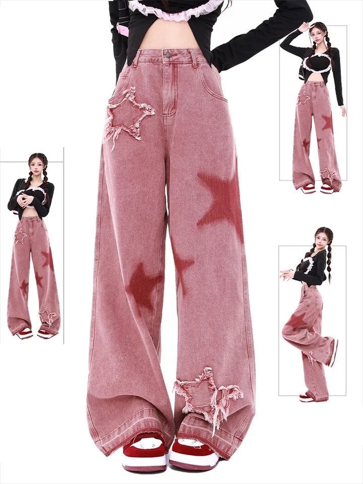 Pink Star Wide Leg Jeans