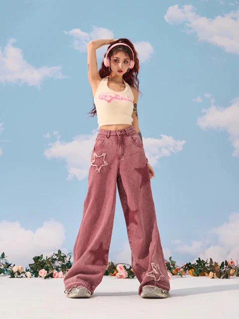 Pink Star Wide Leg Jeans