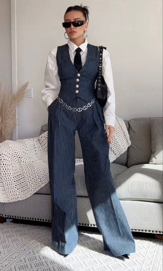 Pinstripe Wide Leg 2-piece Suit (PRE-ORDER)