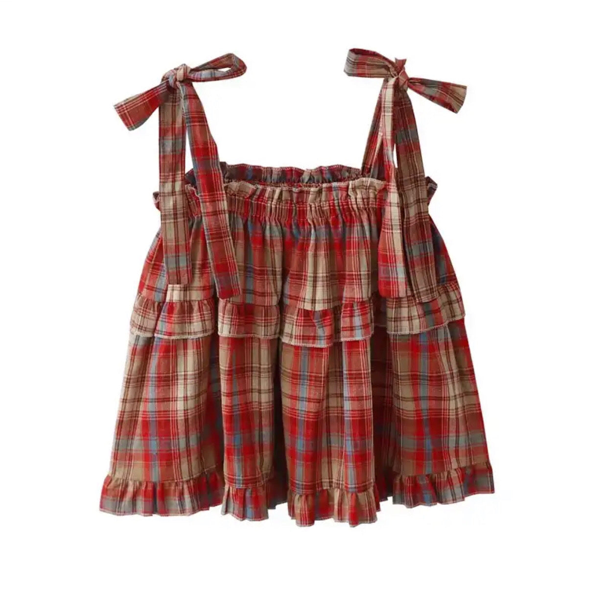 Plaid Tie-Straps Layered Ruffles Flared Top