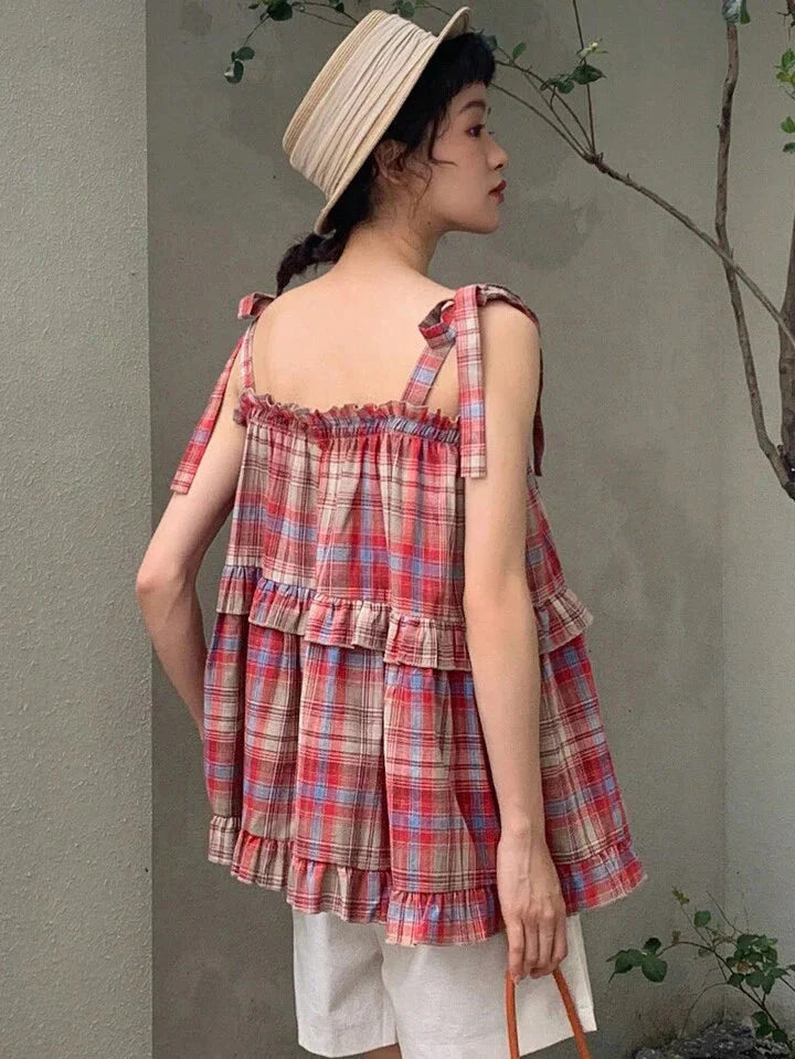 Plaid Tie-Straps Layered Ruffles Flared Top