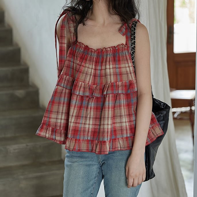 Plaid Tie-Straps Layered Ruffles Flared Top