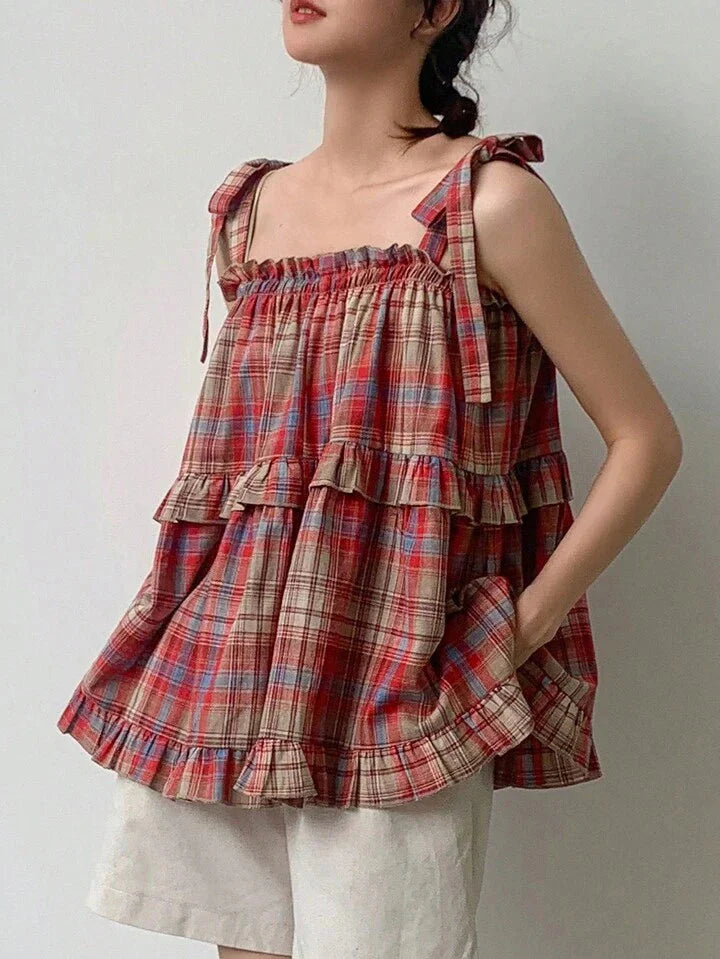 Plaid Tie-Straps Layered Ruffles Flared Top