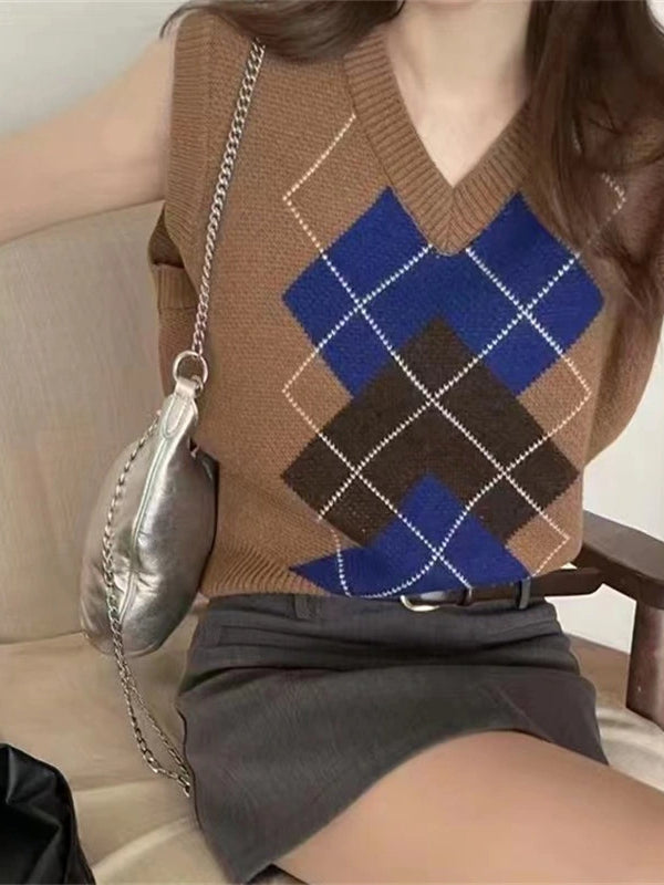 Plaid V-neck Knitted Sweater Vest