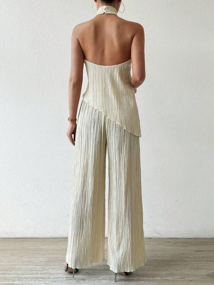 Pleated Asymmetric Halterneck Top & Pant Set