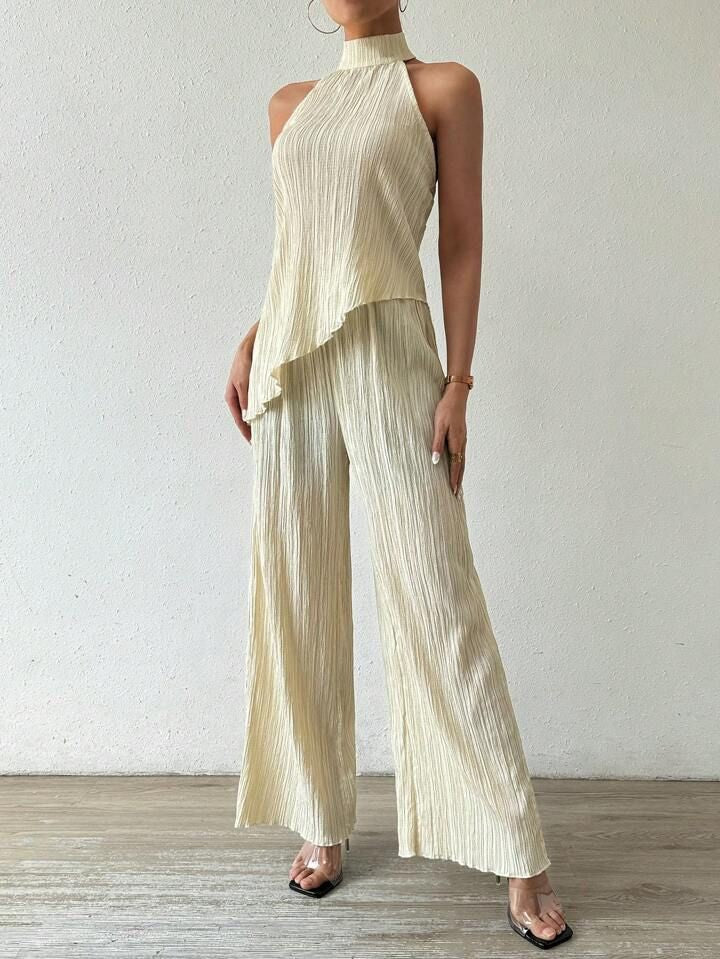 Pleated Asymmetric Halterneck Top & Pant Set