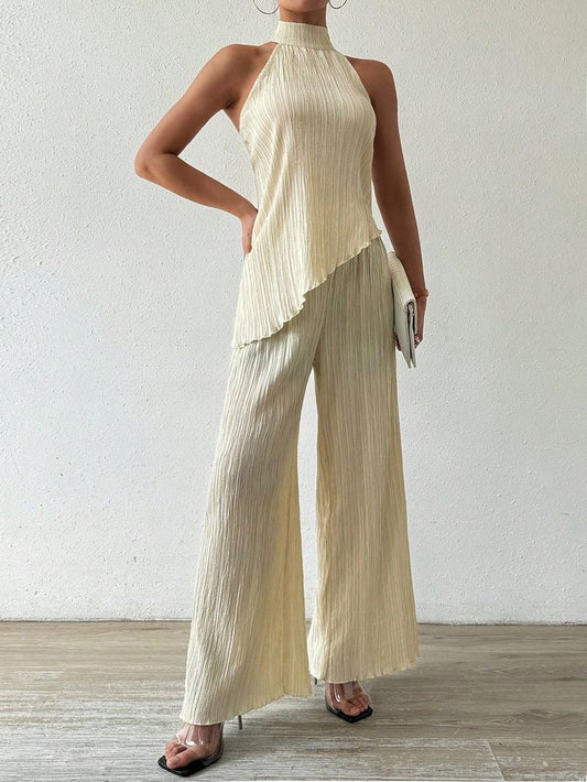 Pleated Asymmetric Halterneck Top & Pant Set