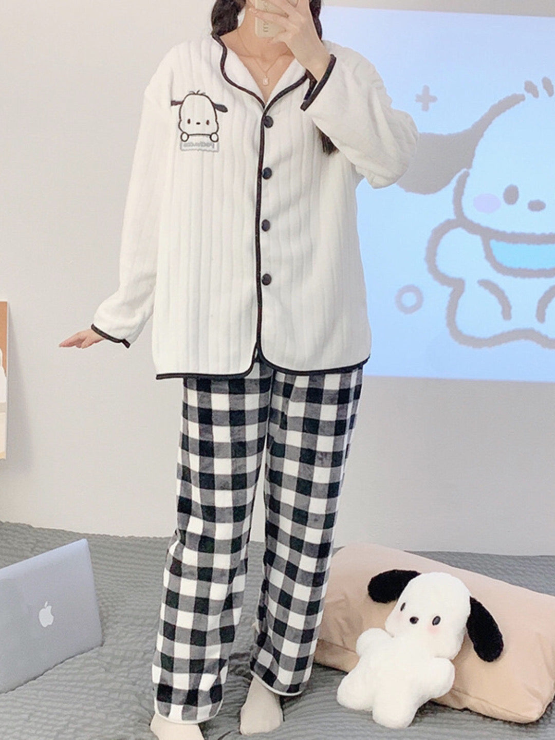 Pochacco Checkered Fleece Pajama Set