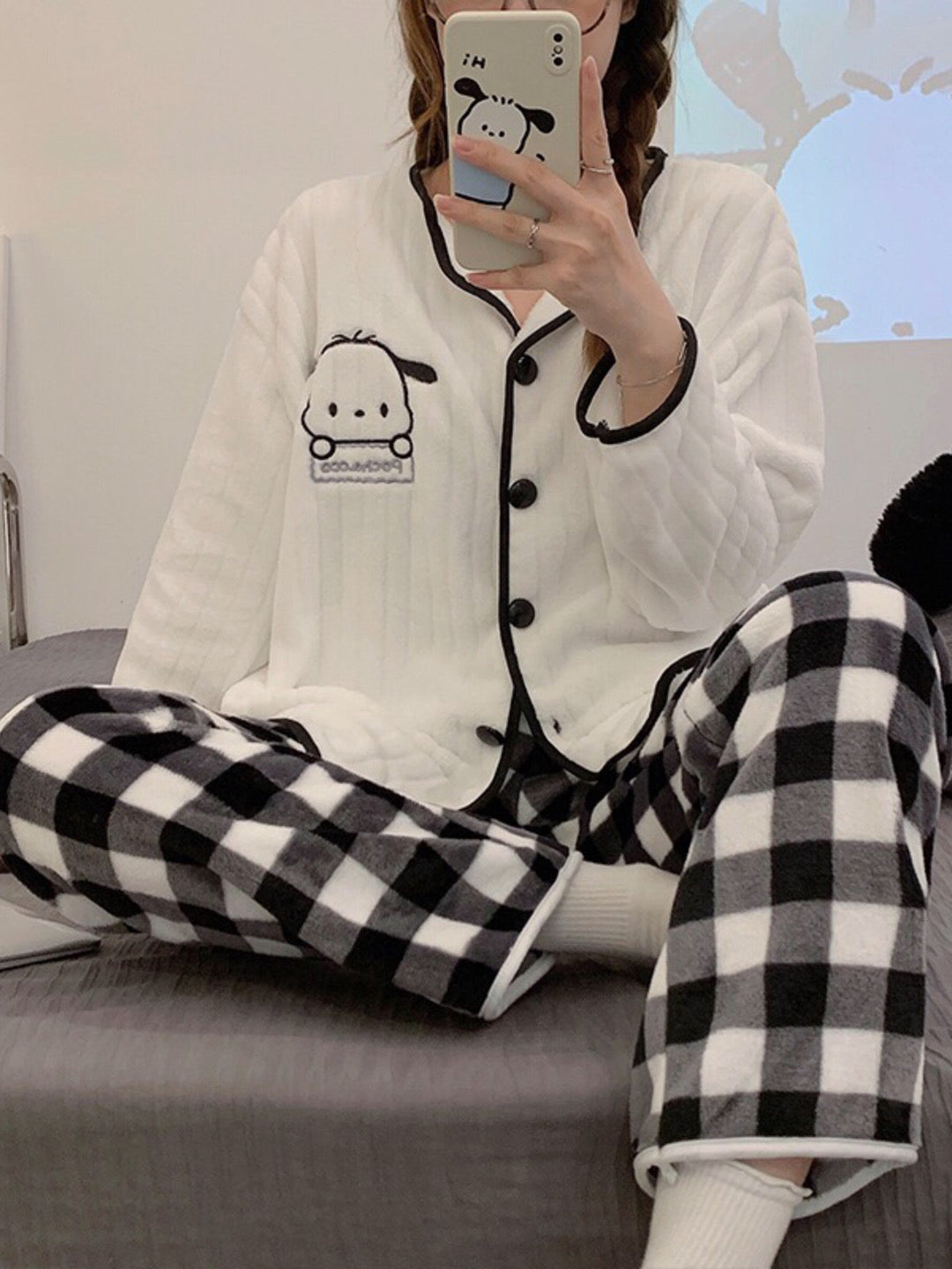 Pochacco Checkered Fleece Pajama Set