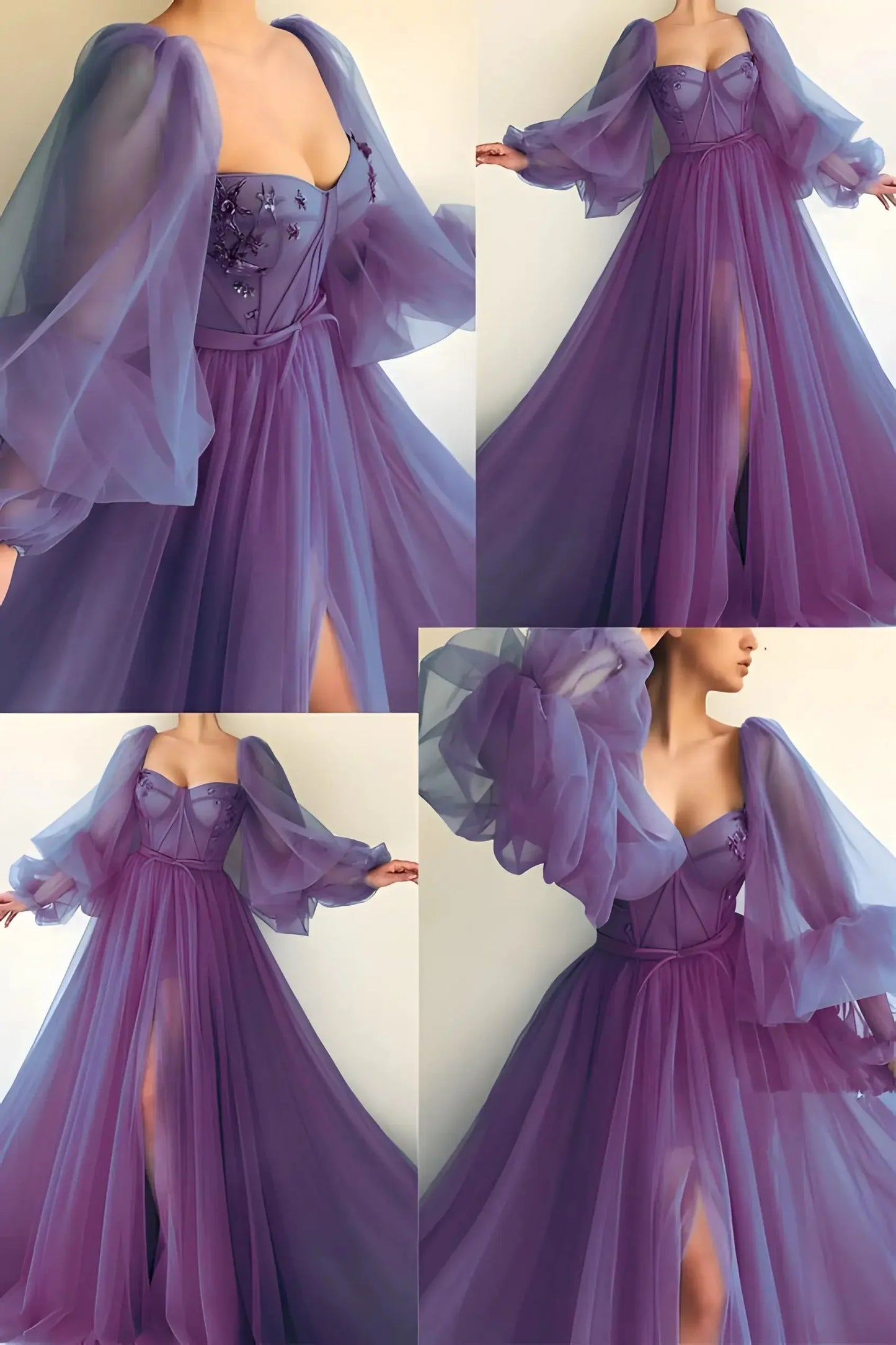 Princess Sheer Puff Sleeved Slit Dress