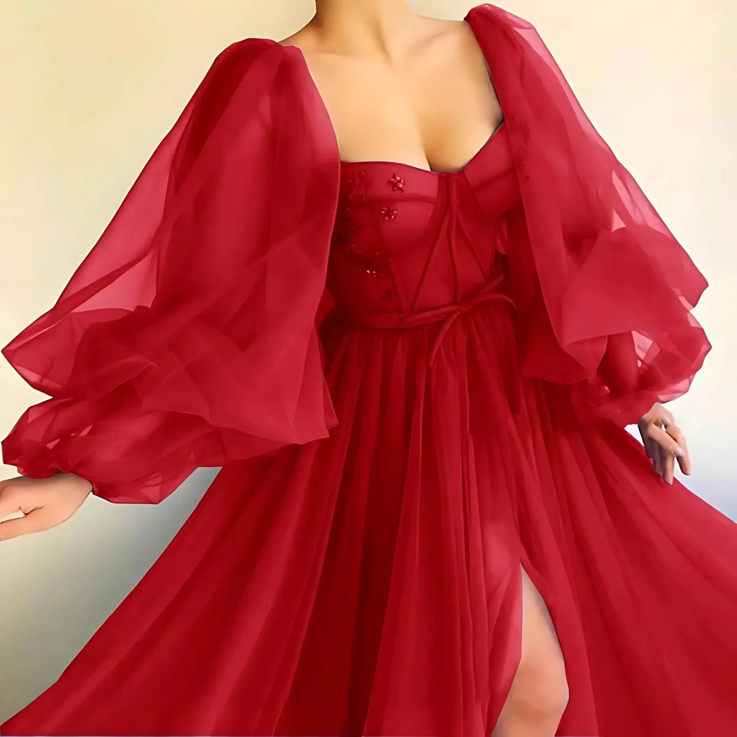 Princess Sheer Puff Sleeved Slit Dress