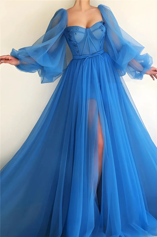 Princess Sheer Puff Sleeved Slit Dress