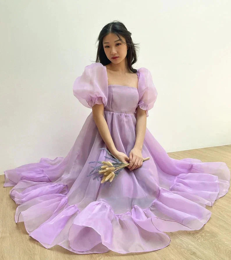 Puff Sleeve Organza Midi Dress