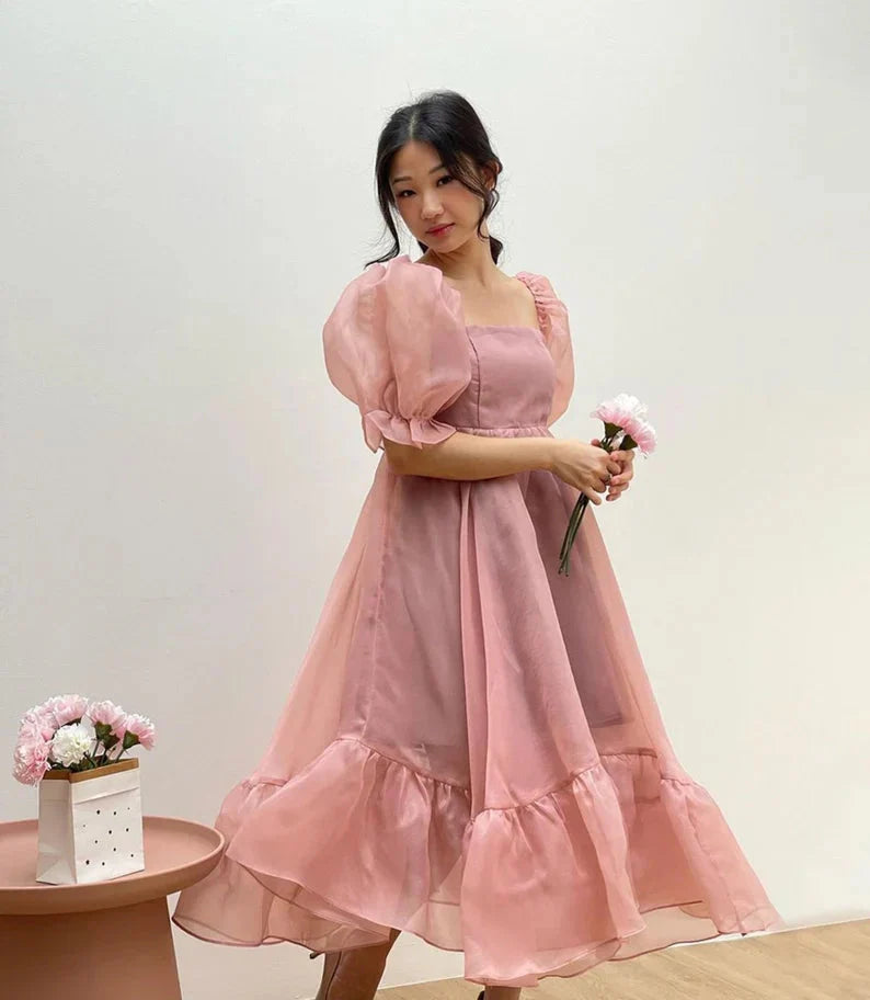 Puff Sleeve Organza Midi Dress