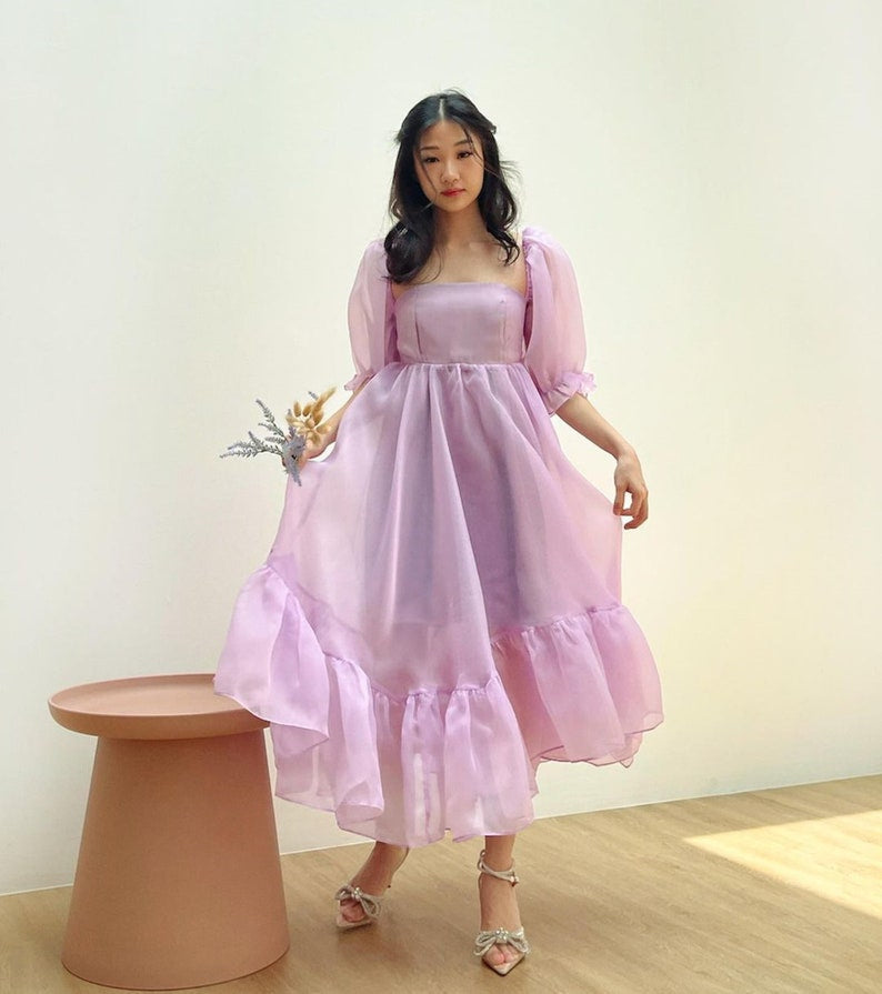 Puff Sleeve Organza Midi Dress