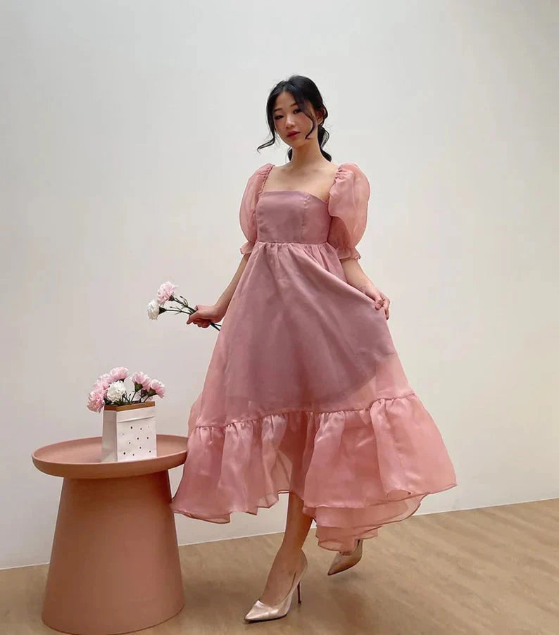 Puff Sleeve Organza Midi Dress