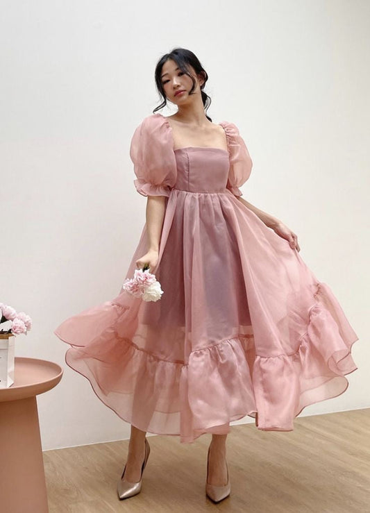 Puff Sleeve Organza Midi Dress