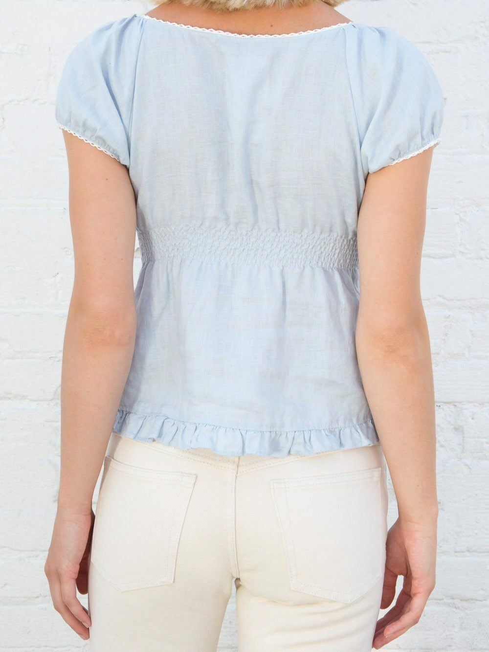 Puff Sleeve Pleated Hem Cotton Top