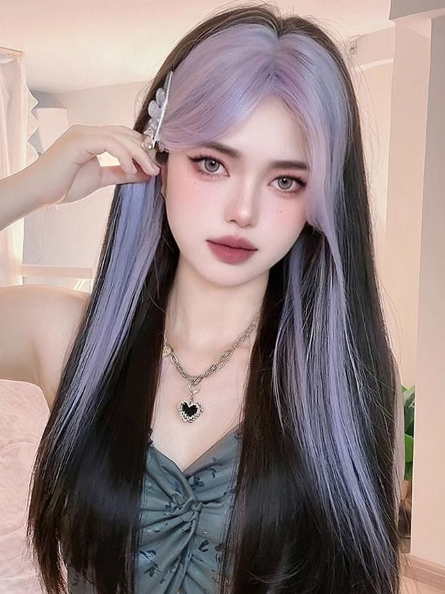 Purple Bangs Long Straight Wig