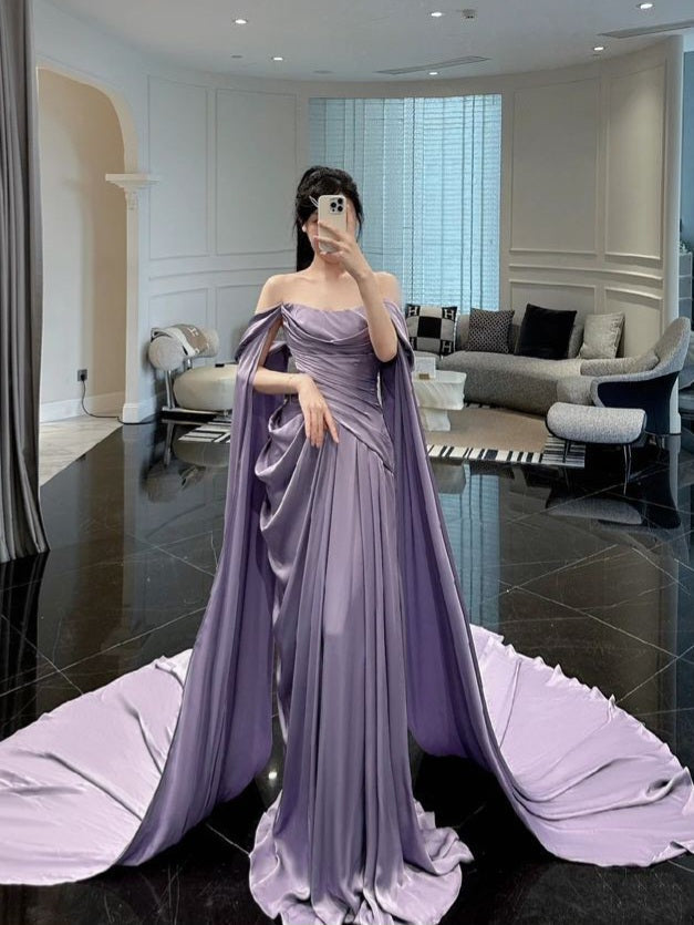 Purple Satin Off-Shoulder Draped Maxi Dress