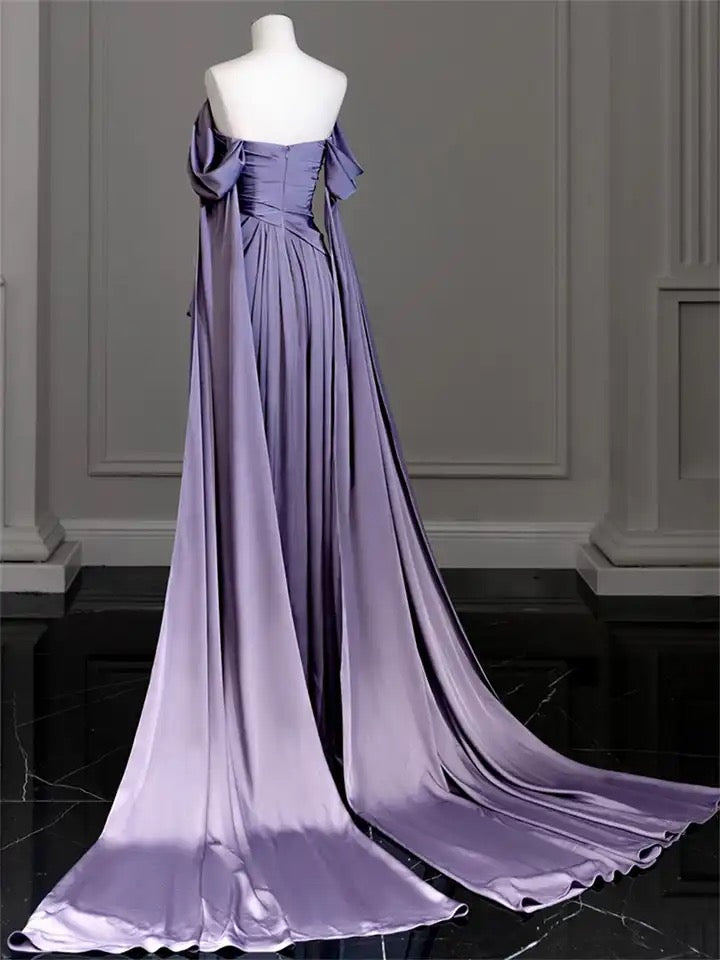 Purple Satin Off-Shoulder Draped Maxi Dress