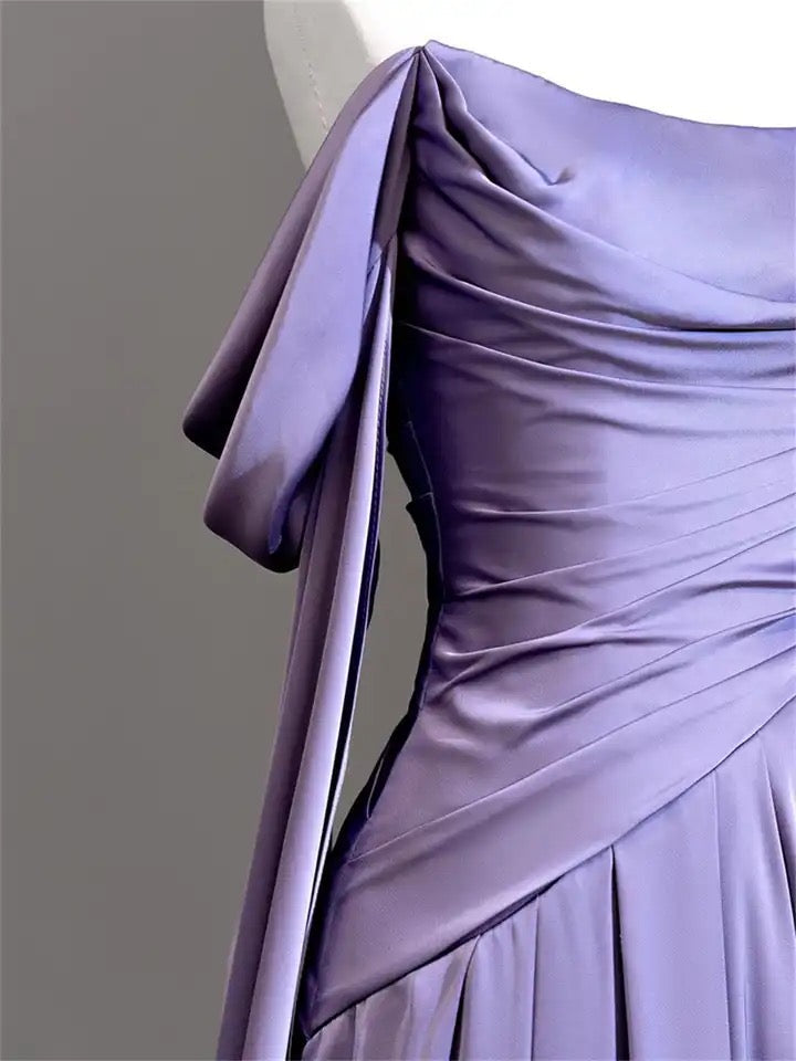 Purple Satin Off-Shoulder Draped Maxi Dress