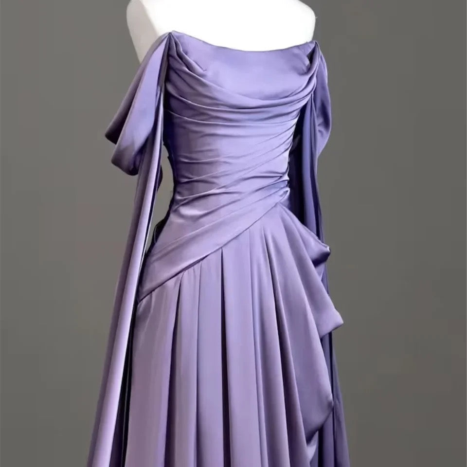 Purple Satin Off-Shoulder Draped Maxi Dress