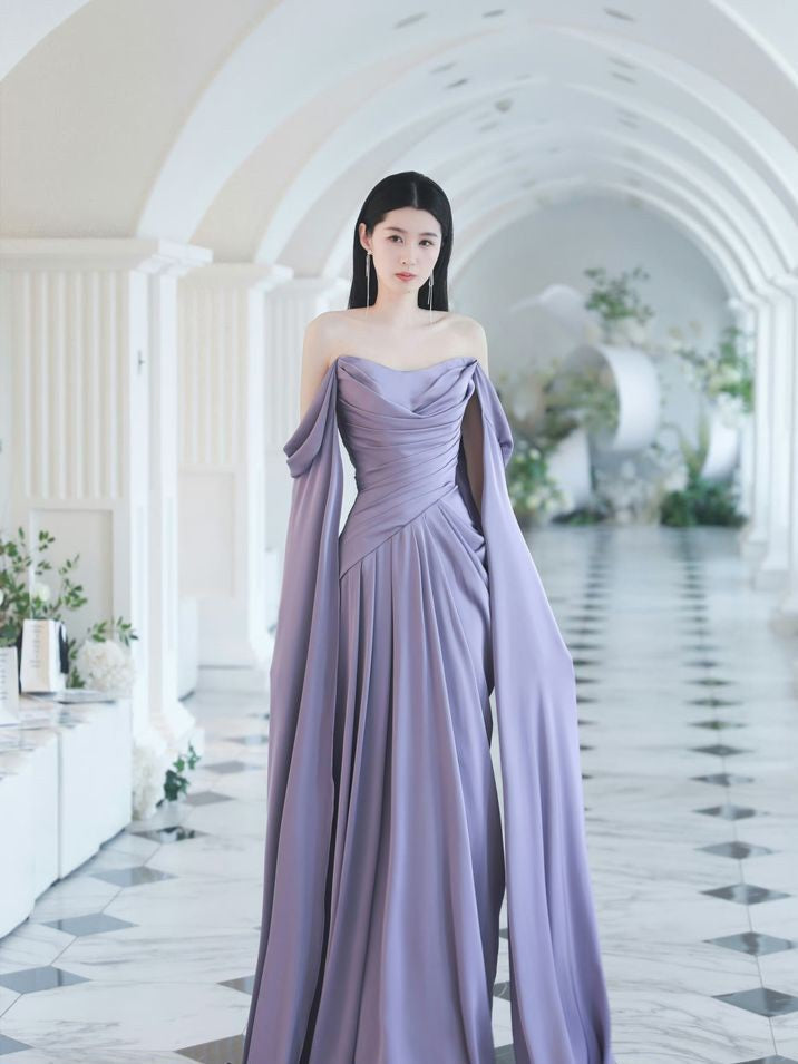 Purple Satin Off-Shoulder Draped Maxi Dress