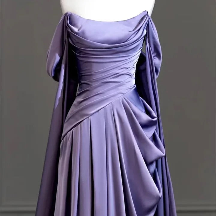 Purple Satin Off-Shoulder Draped Maxi Dress